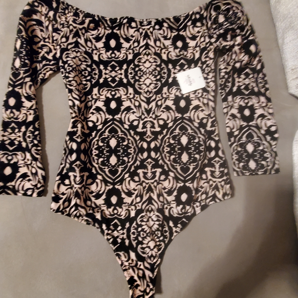 NEW Free People thong Bodysuit Intimately  Black & Cream Patterned Womens Sz XS